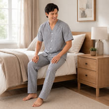 Load image into Gallery viewer, Men’s Navy White Check Broadcloth Pajama Set
