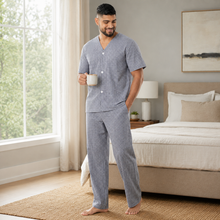 Load image into Gallery viewer, Men’s Navy White Check Broadcloth Pajama Set