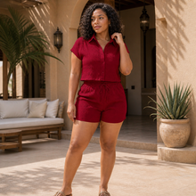 Load image into Gallery viewer, Women’s Textured Button-Front Blouse & Knotted Shorts Vacation Set