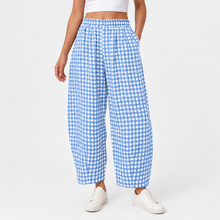 Load image into Gallery viewer, Women’s Gingham Check Barrel-Leg Pants with Elastic Waist & Pockets