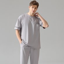 Load image into Gallery viewer, Round Neck Short Sleeved Light Gray Men's Pajamas Set
