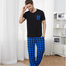 Load image into Gallery viewer, Blue Check Men's Pajamas Short Sleeve Loungewear Set
