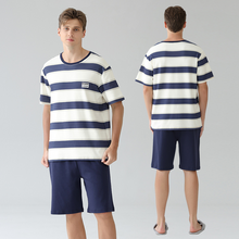 Load image into Gallery viewer, Men's Blue Stripe Shots Cotton Pajamas Set
