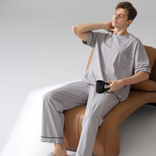 Load image into Gallery viewer, Round Neck Short Sleeved Light Gray Men's Pajamas Set
