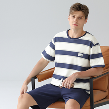 Load image into Gallery viewer, Men's Blue Stripe Shots Cotton Pajamas Set
