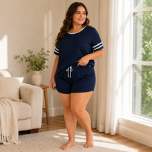 Load image into Gallery viewer, Cozy Breeze Plus Size Contrast Trim Pajama Shorts Set – Navy Blue
