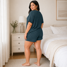 Load image into Gallery viewer, Minimal Heart Plus Size Ribbed Pajama Shorts Set – Dusty Blue
