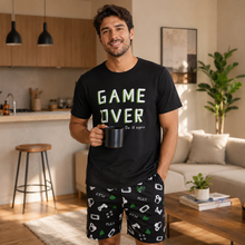 Load image into Gallery viewer, Game Over Men’s Graphic Pajama Shorts Set – Black
