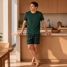 Load image into Gallery viewer, Men’s Plaid Pocket Pajama Set – 2 Piece Short Sleeve Sleepwear
