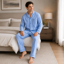 Load image into Gallery viewer, Men’s Blue Green Plaid Broadcloth Pajama Set
