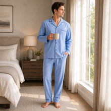 Load image into Gallery viewer, Men’s Blue Green Plaid Broadcloth Pajama Set
