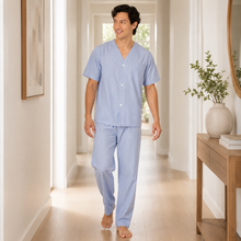 Load image into Gallery viewer, Men’s Navy White Check Broadcloth Pajama Set
