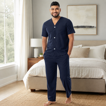 Load image into Gallery viewer, Men’s Navy White Check Broadcloth Pajama Set
