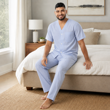 Load image into Gallery viewer, Men’s Navy White Check Broadcloth Pajama Set
