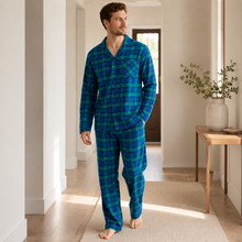 Load image into Gallery viewer, Men’s Plaid Cotton Flannel Button-Down Pajama Set

