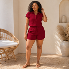 Load image into Gallery viewer, Women’s Textured Button-Front Blouse &amp; Knotted Shorts Vacation Set
