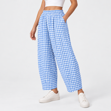 Load image into Gallery viewer, Women’s Gingham Check Barrel-Leg Pants with Elastic Waist &amp; Pockets
