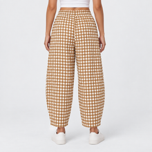 Load image into Gallery viewer, Women’s Gingham Check Barrel-Leg Pants with Elastic Waist &amp; Pockets
