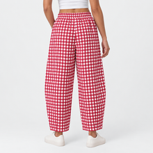 Load image into Gallery viewer, Women’s Gingham Check Barrel-Leg Pants with Elastic Waist &amp; Pockets
