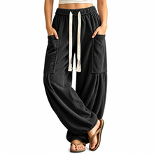 Load image into Gallery viewer, Women’s Ribbed Wide-Leg Cargo Pants with Drawstring Waist &amp; Pockets
