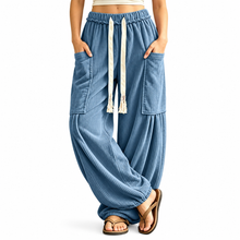 Load image into Gallery viewer, Women’s Ribbed Wide-Leg Cargo Pants with Drawstring Waist &amp; Pockets
